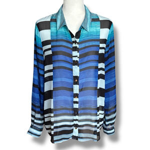 Ivanka Trump Sheer Blue Black Striped Button Down Blouse XL